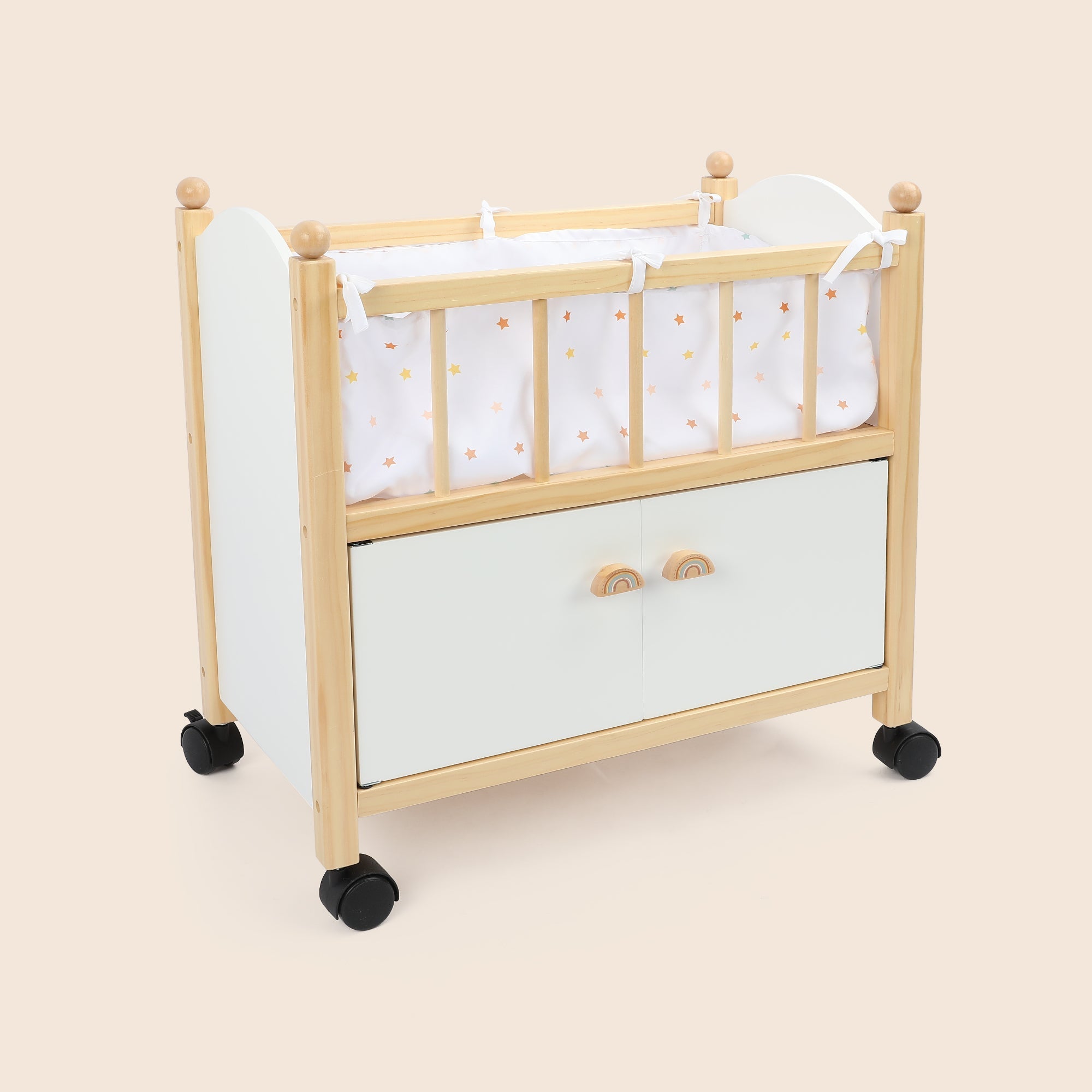 Wooden doll crib with storage and wheels by Guanyi Toys