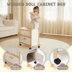 Wooden doll cabinet bed with storage and wheels, shown with a young girl