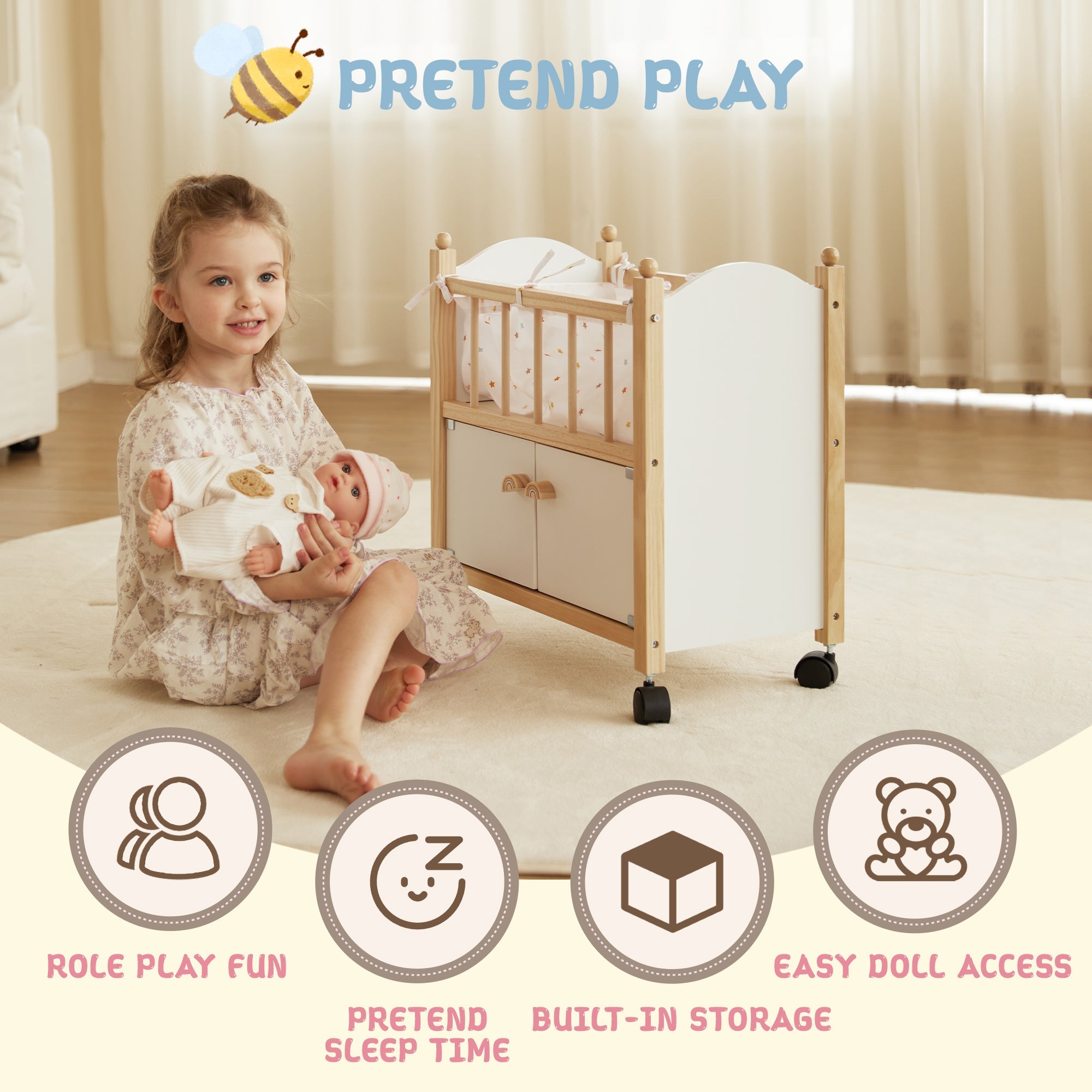 Young girl playing with a doll and wooden toy doll crib with storage