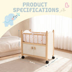 Toy wooden doll crib with storage cabinet and product dimensions