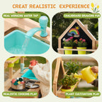 Wooden outdoor playset with water tap, chalkboard house, cooking, and plant play.