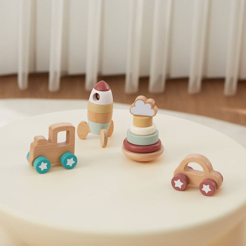 Guanyi Toys 4 in 1 Stacking Vehicles Gift Set - Wooden Toys for Toddlers 10M+ - detail close-up