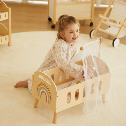 Guanyi Toys Baby Doll Bed with Curtain - Premium Play Set with Curtains Bedding for Kids - main product shot