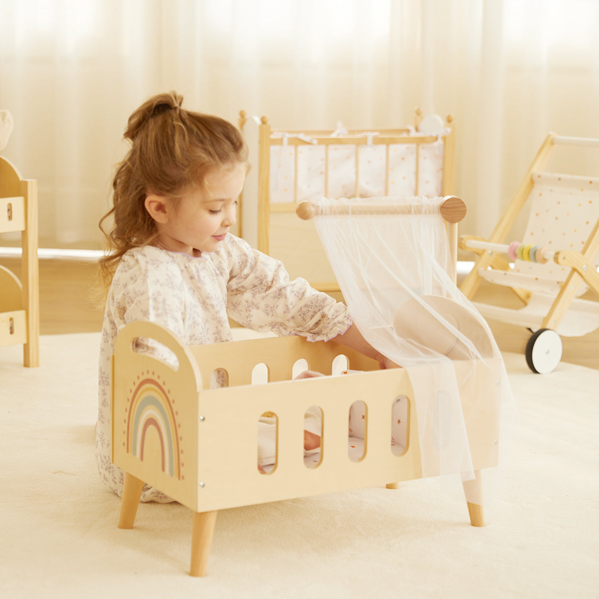 Guanyi Toys Baby Doll Bed with Curtain - Premium Play Set with Curtains Bedding for Kids - product view
