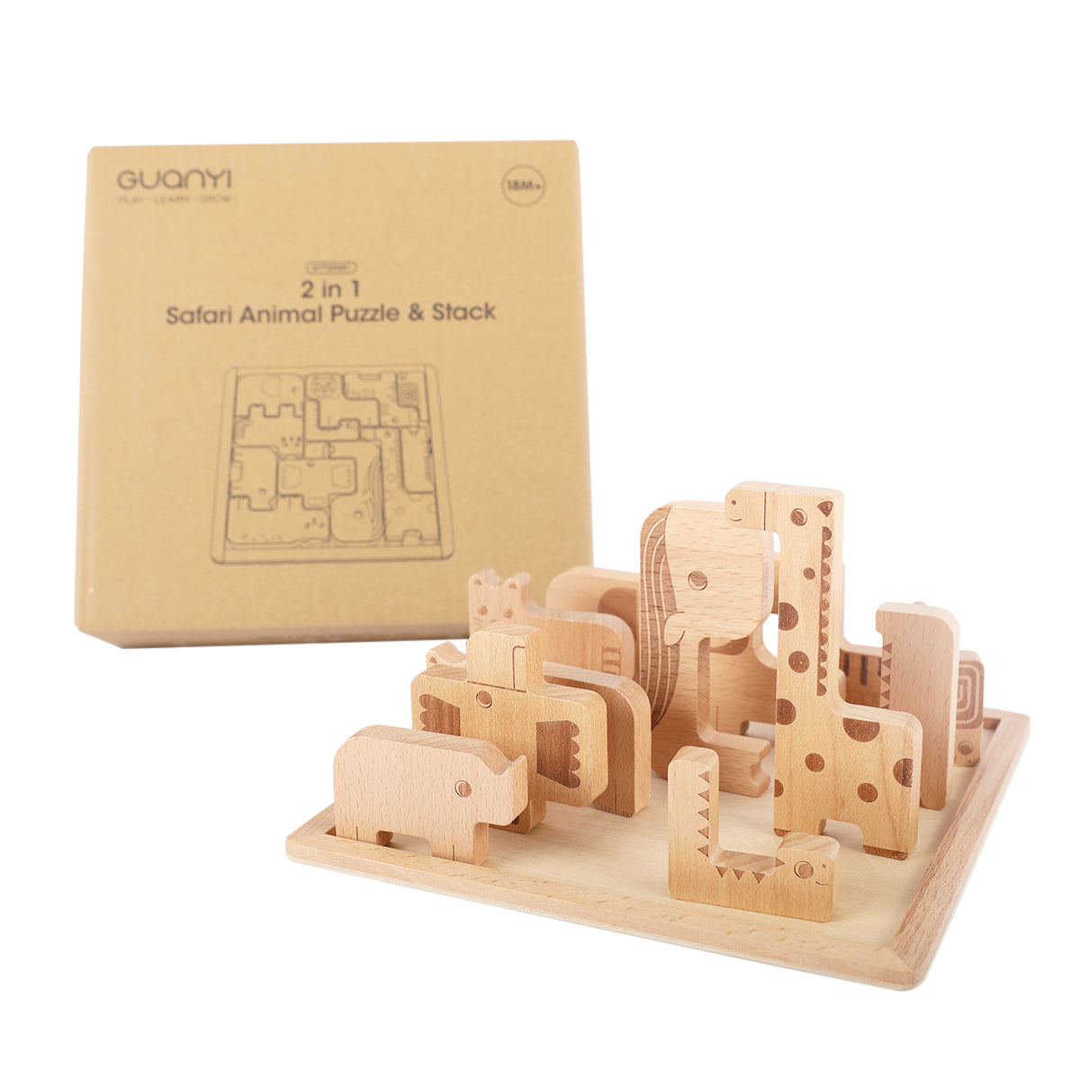 Guanyi Toys 2 in 1 Safari Animal Puzzle Stack - Wooden Building Toys for Toddlers 18M+ - angle view 3