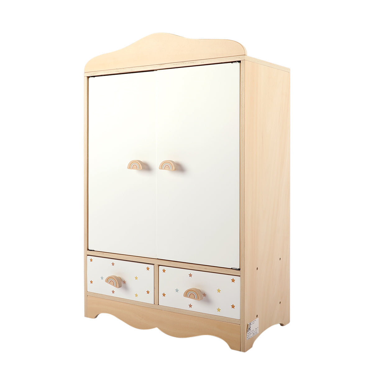 Wooden toy wardrobe with rainbow handles and star drawers