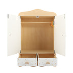 Wooden toy doll wardrobe with open doors and drawers