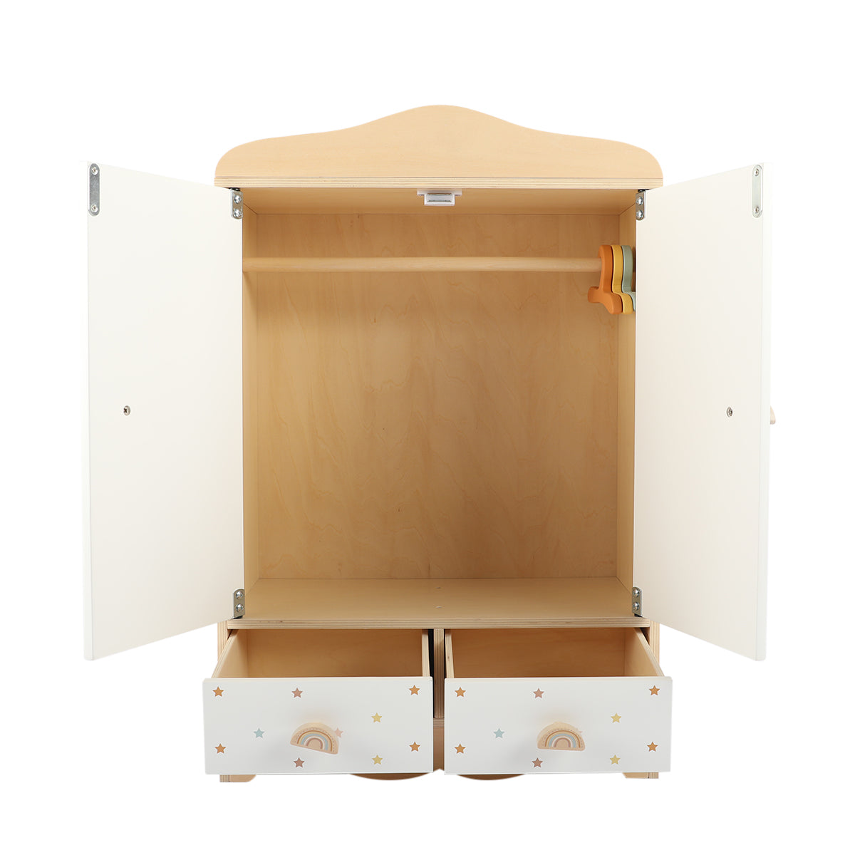 Wooden toy doll wardrobe with open doors and drawers
