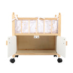 Wooden doll crib with wheels and open storage compartment
