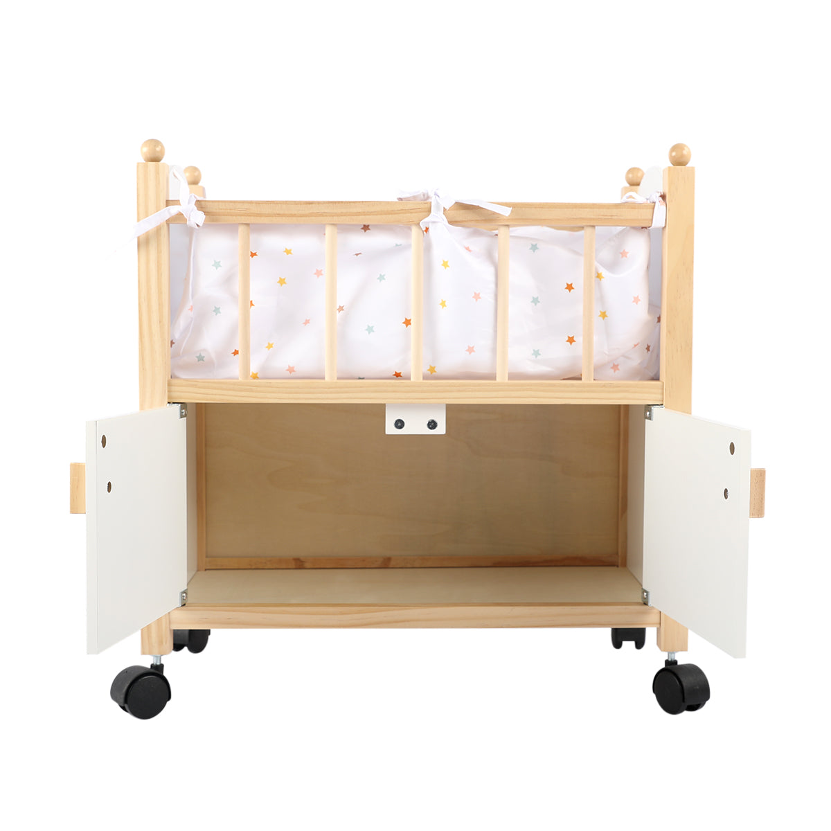 Wooden doll crib with wheels and open storage compartment
