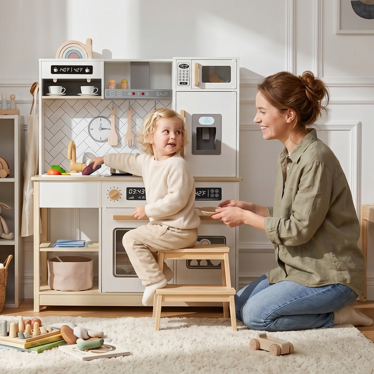 Toddler plays with wooden play kitchen as woman holds plate, toys on rug.