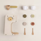 Wooden coffee machine flatlay exploded parts