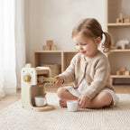 Wooden coffee machine girl playing indoor lifestyle