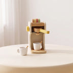 Wooden coffee machine on white round table lifestyle