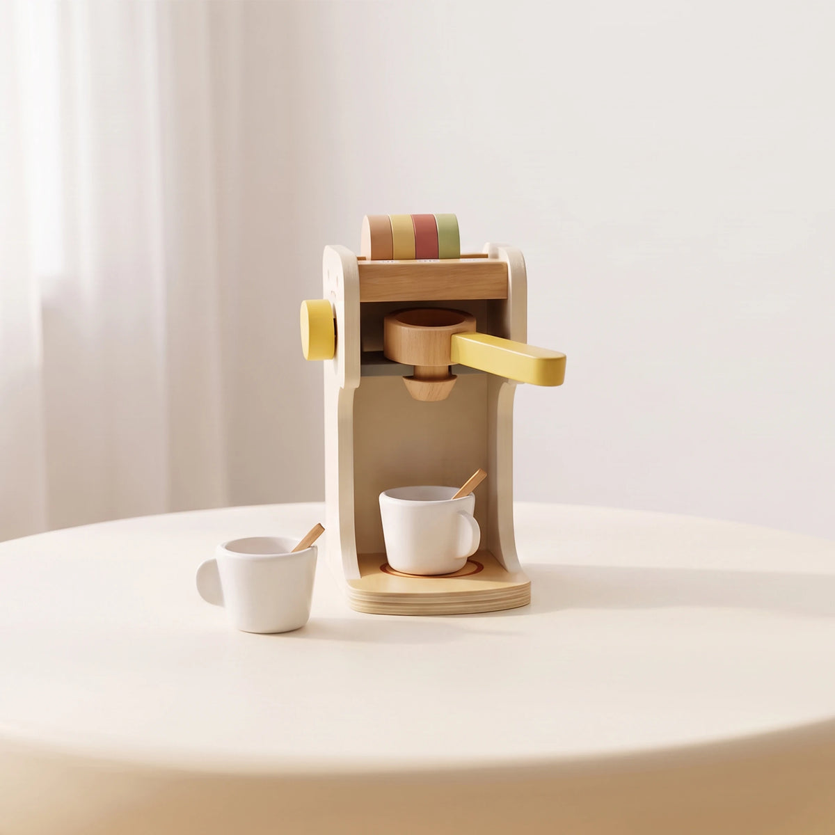 Wooden coffee machine on white round table lifestyle