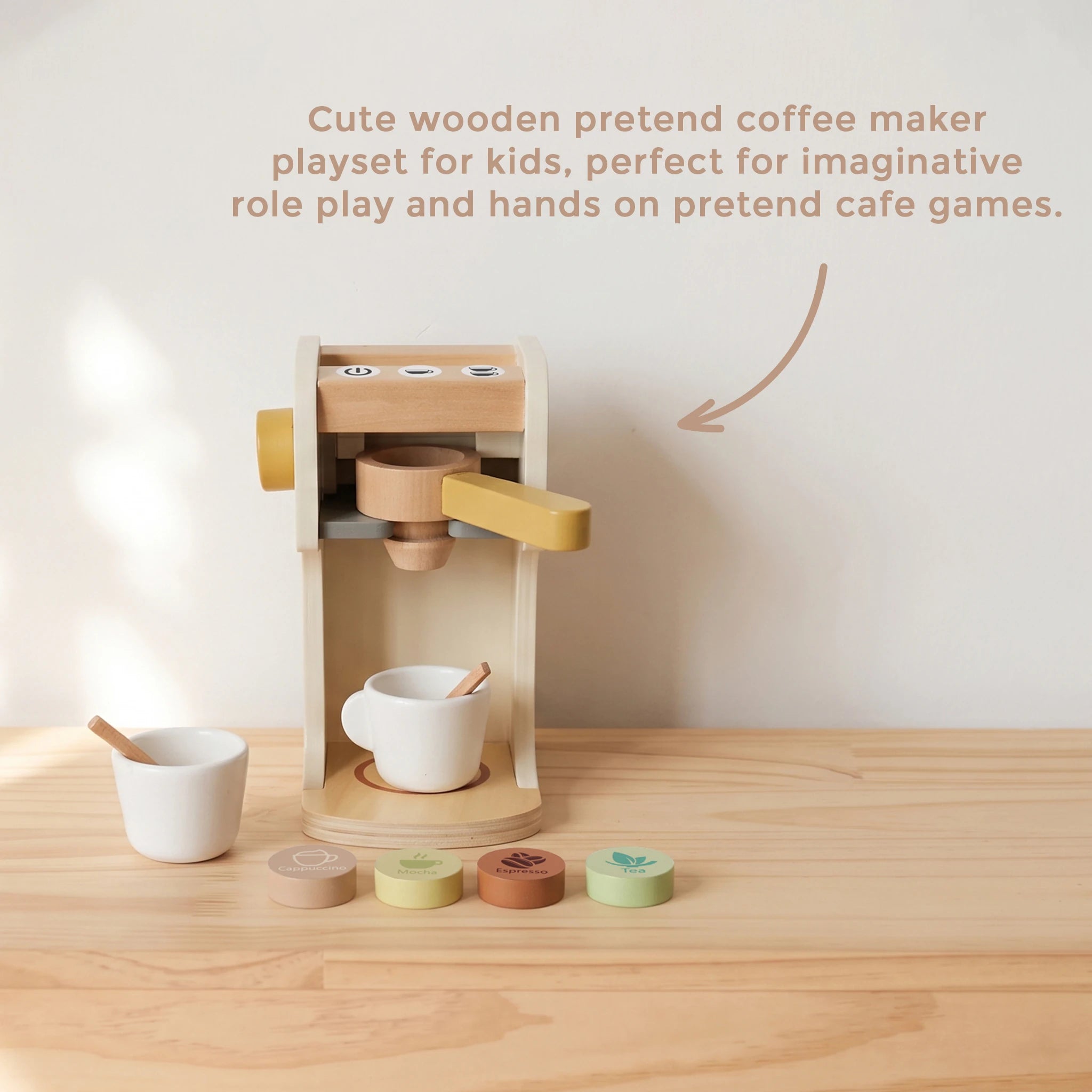 Wooden coffee machine on wood table with text overlay