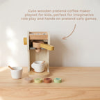 Wooden coffee machine on wood table with text overlay