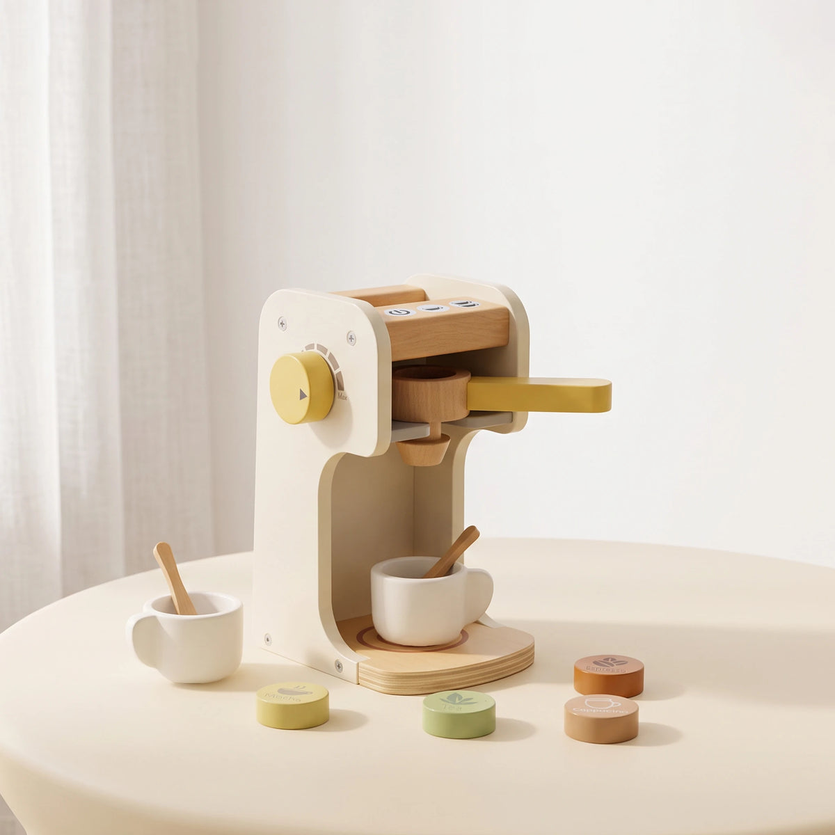 Wooden coffee machine side with coffee pods on table