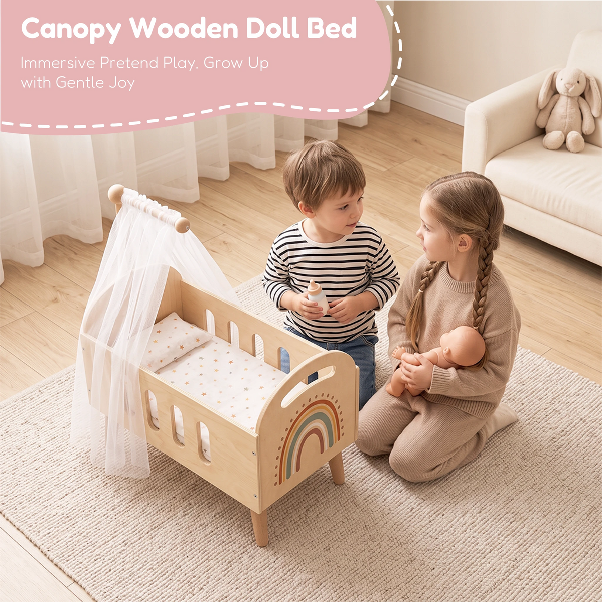 Wooden doll bed two kids playing lifestyle