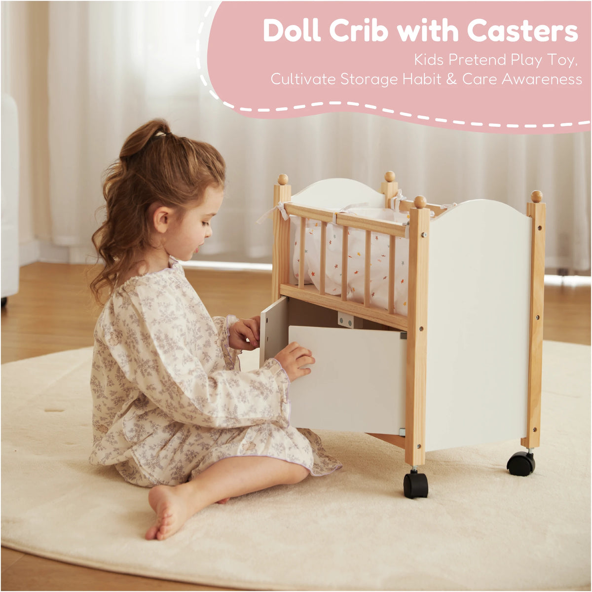 Wooden doll crib girl opening cabinet lifestyle