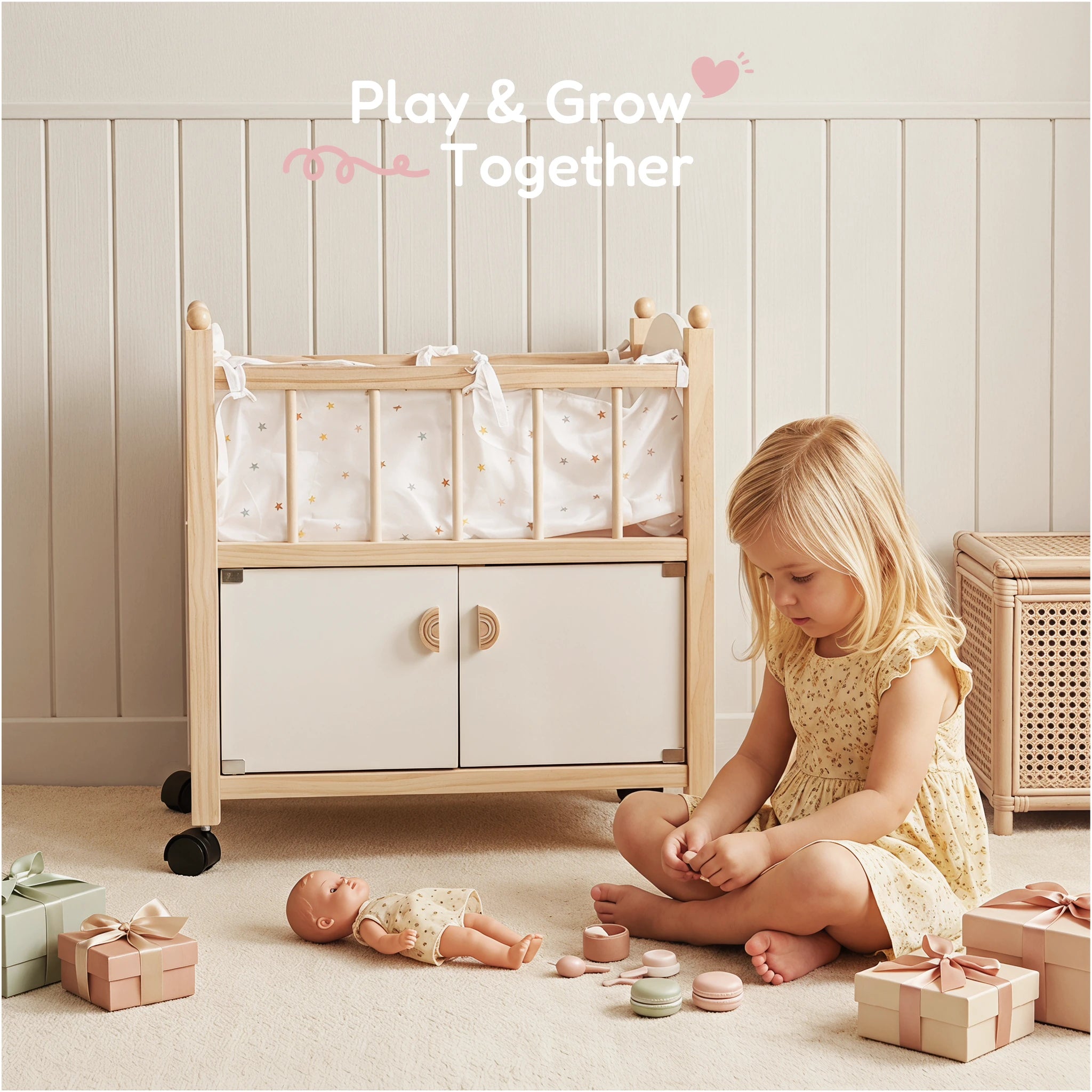 Wooden doll crib girl playing with gifts lifestyle