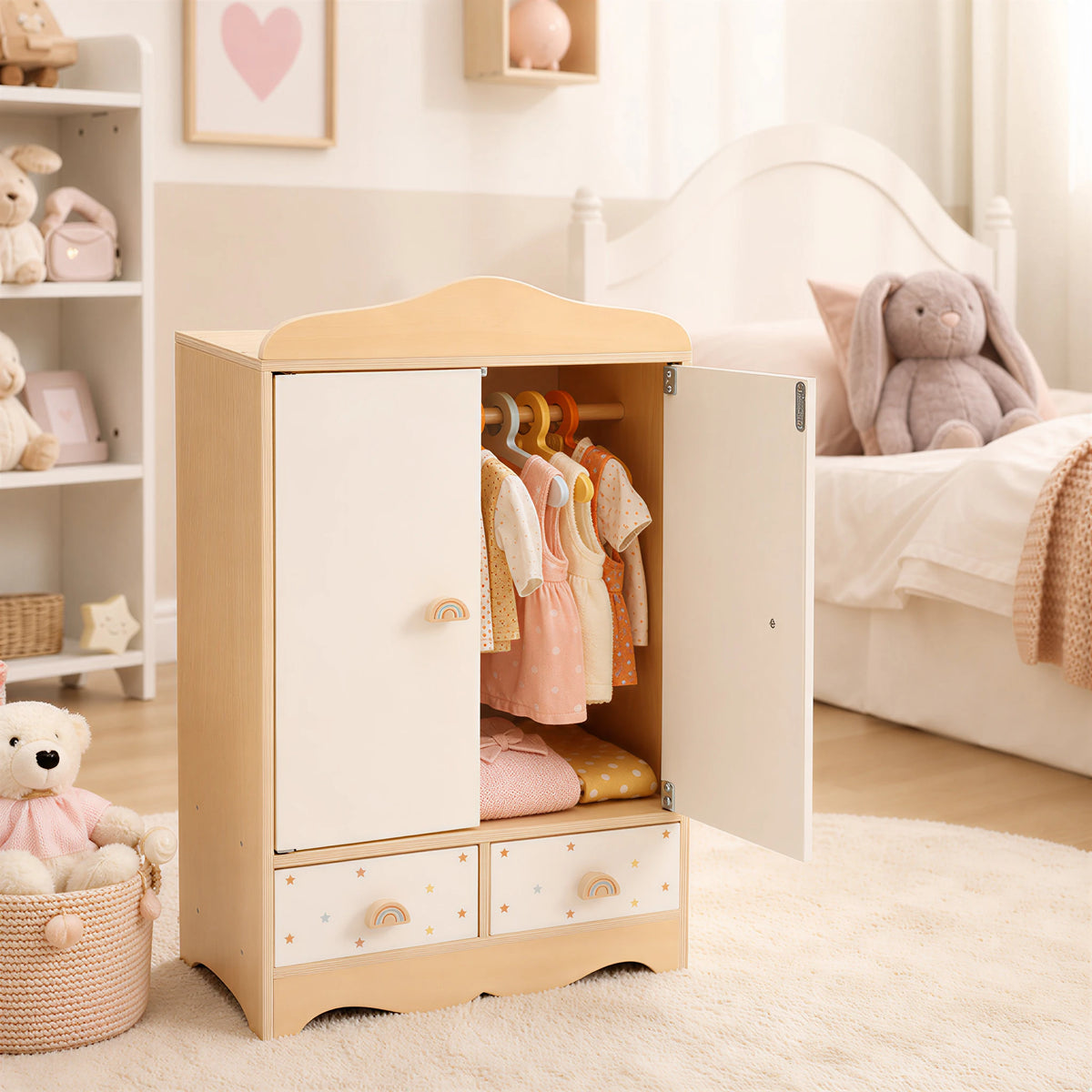 Wooden doll wardrobe full clothes bedroom lifestyle