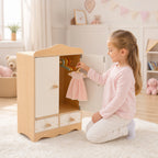 Wooden doll wardrobe girl hanging pink dress lifestyle
