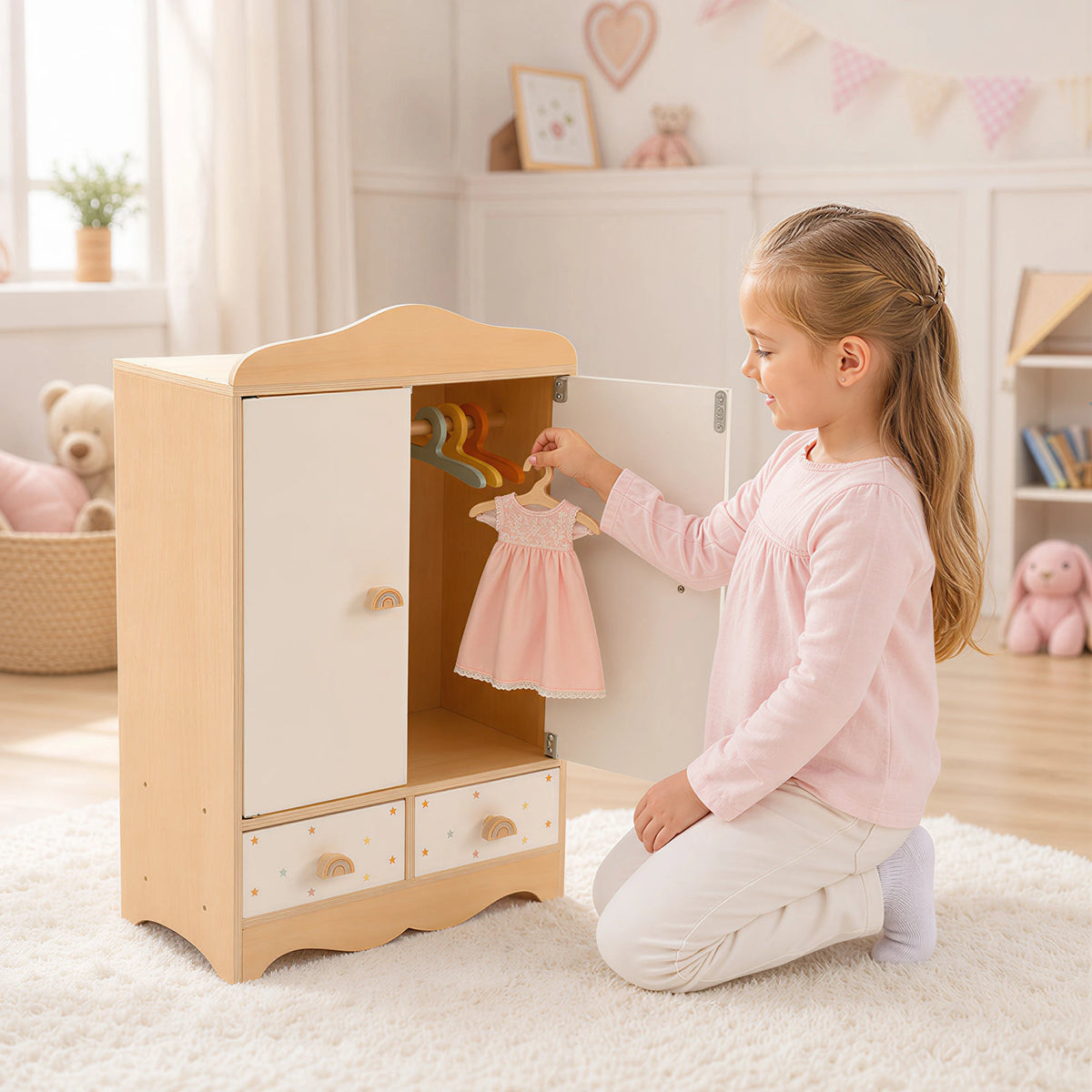 Wooden doll wardrobe girl hanging pink dress lifestyle