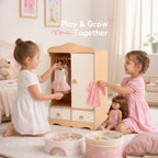 Wooden doll wardrobe two girls playing together lifestyle