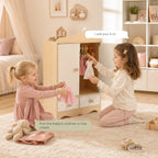 Wooden doll wardrobe two girls sharing clothes lifestyle