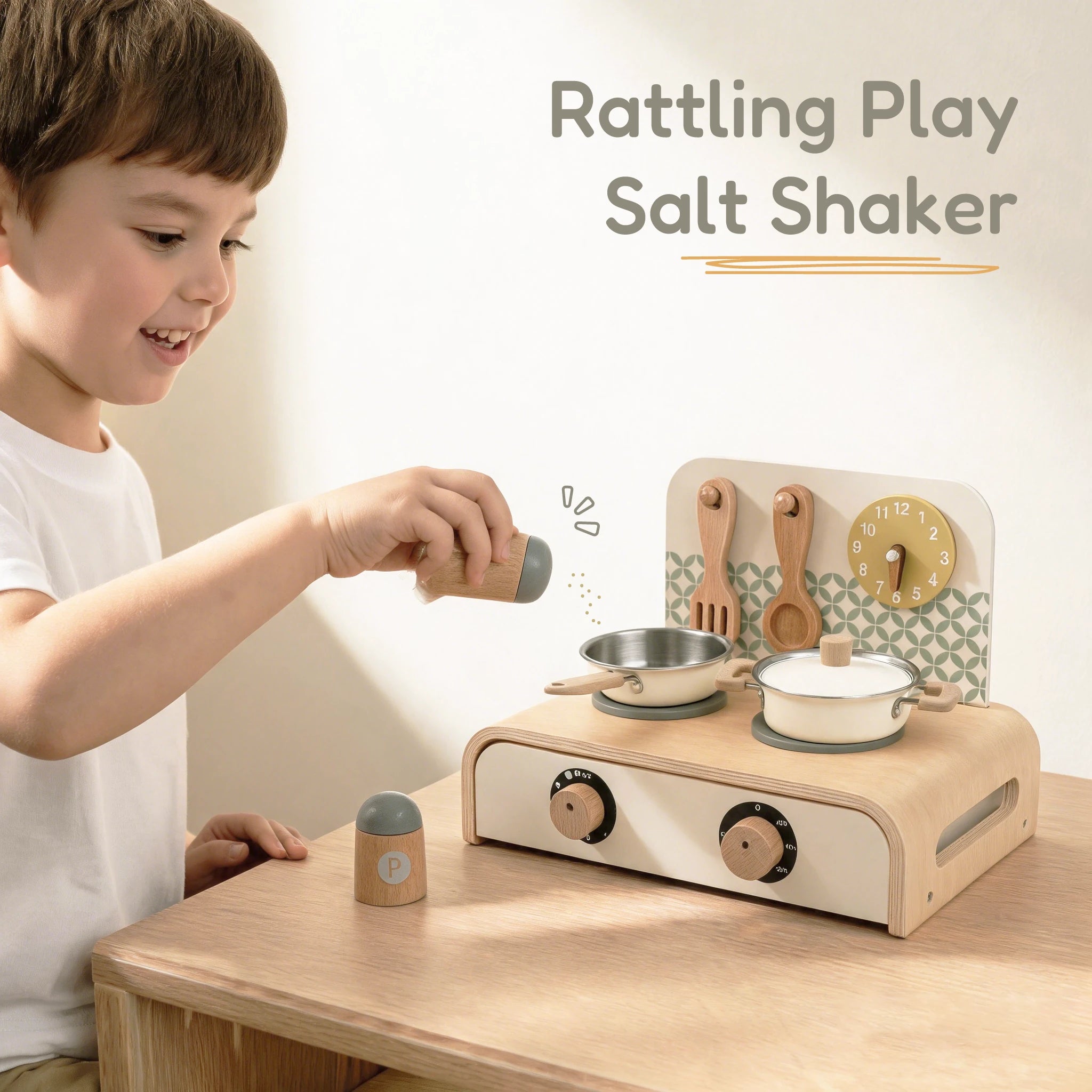 Wooden play kitchen boy shaking salt shaker detail