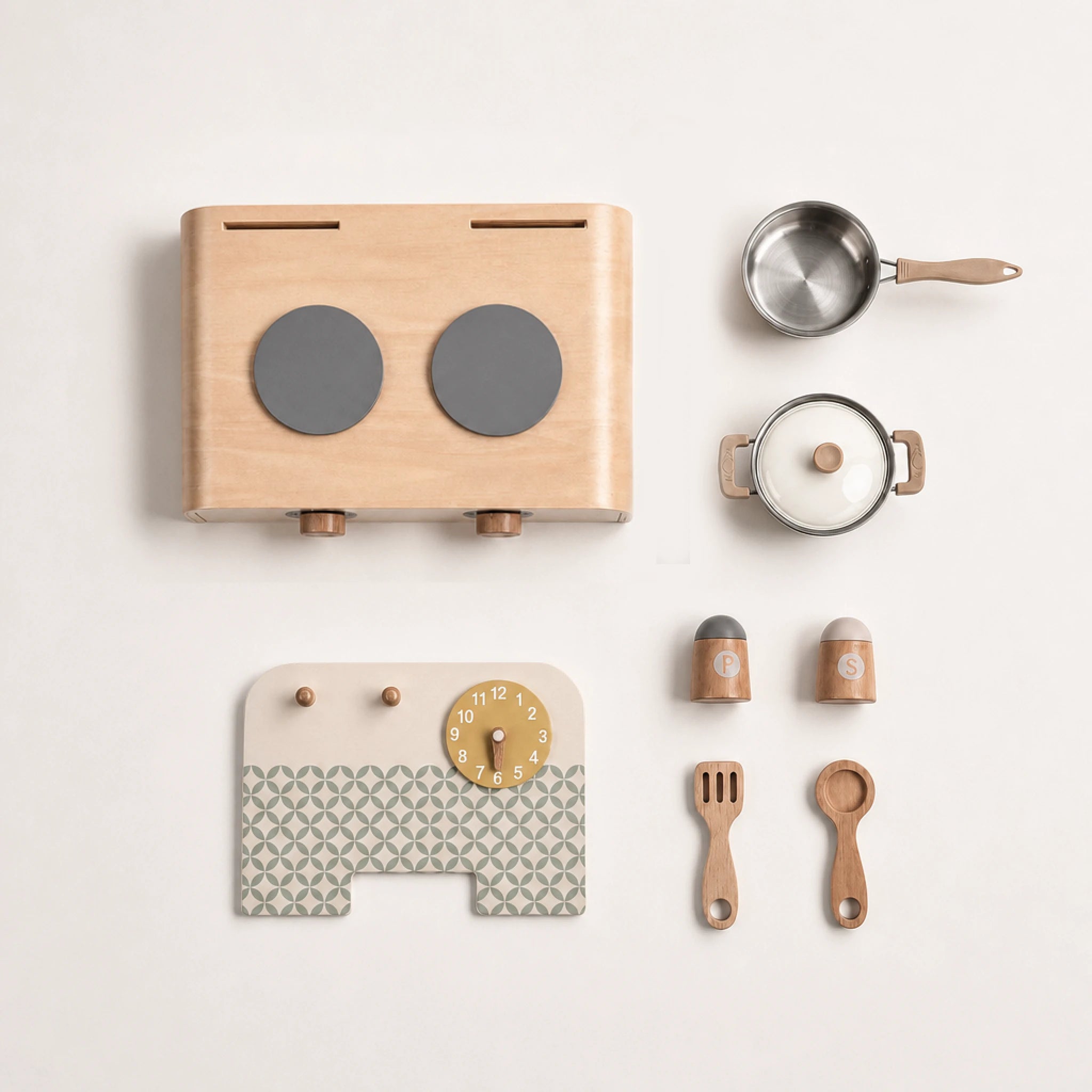 Wooden play kitchen flatlay exploded parts top view