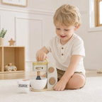 Wooden stand mixer boy mixing second angle lifestyle