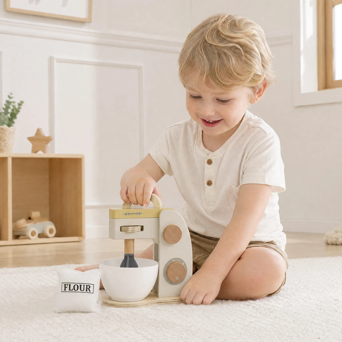 Wooden stand mixer boy mixing second angle lifestyle