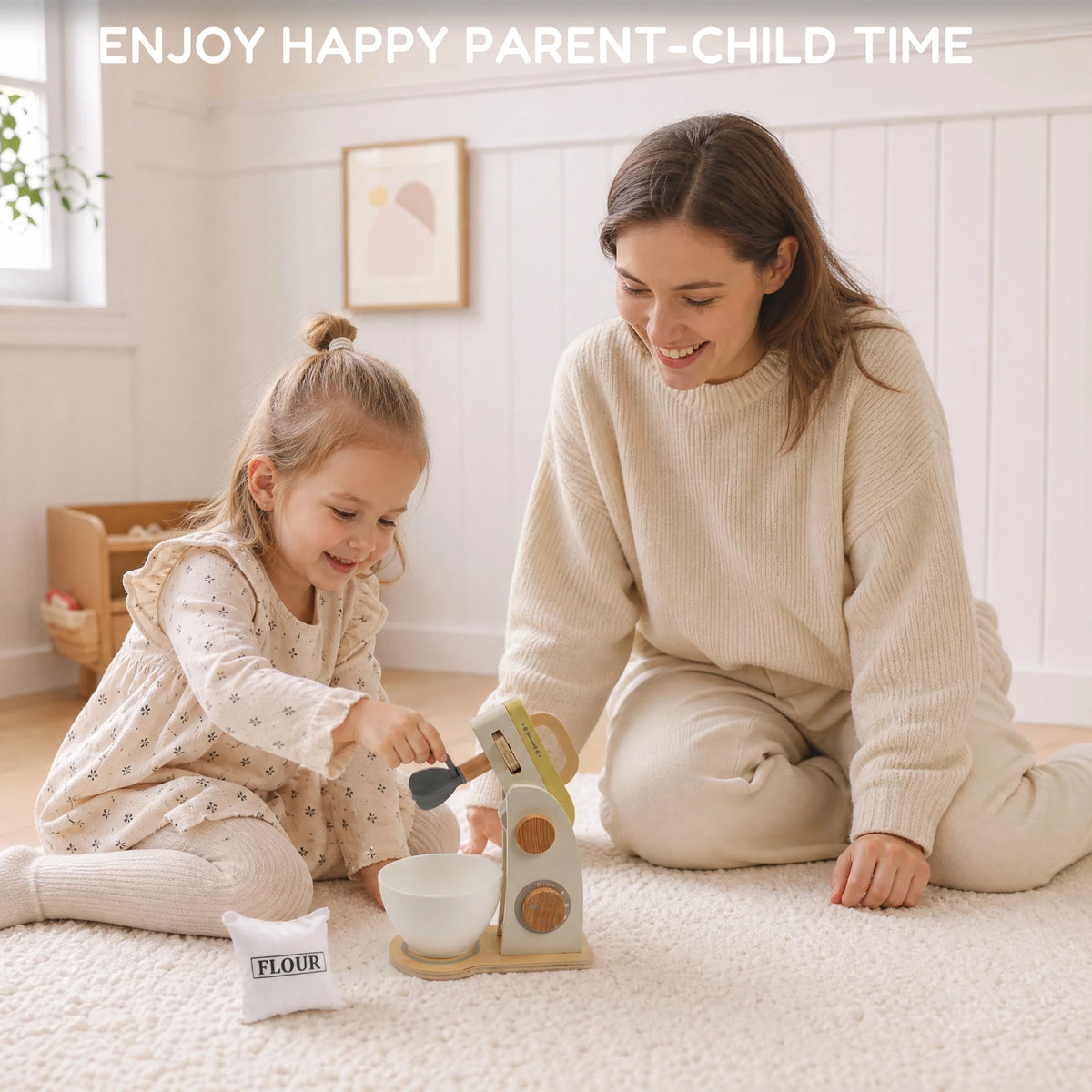 Wooden stand mixer mom daughter playing lifestyle
