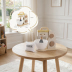 Wooden stand mixer on round table with size diagram