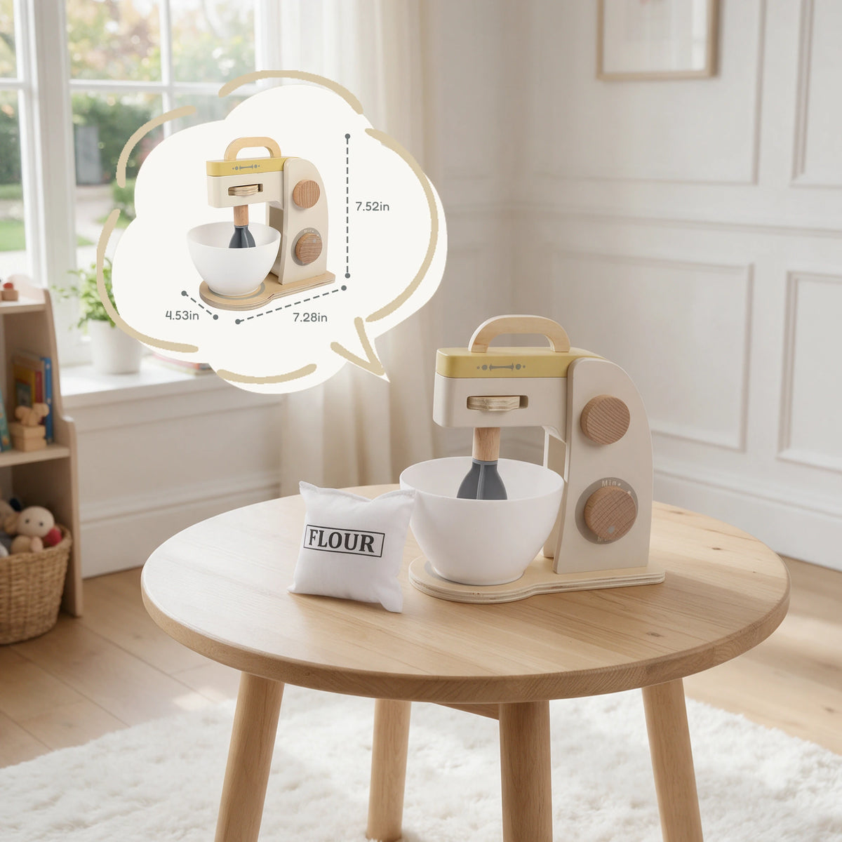 Wooden stand mixer on round table with size diagram