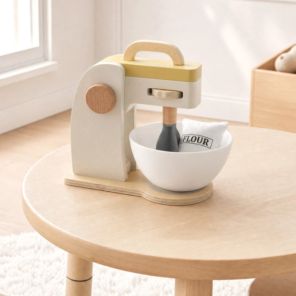 Wooden stand mixer on wooden table lifestyle