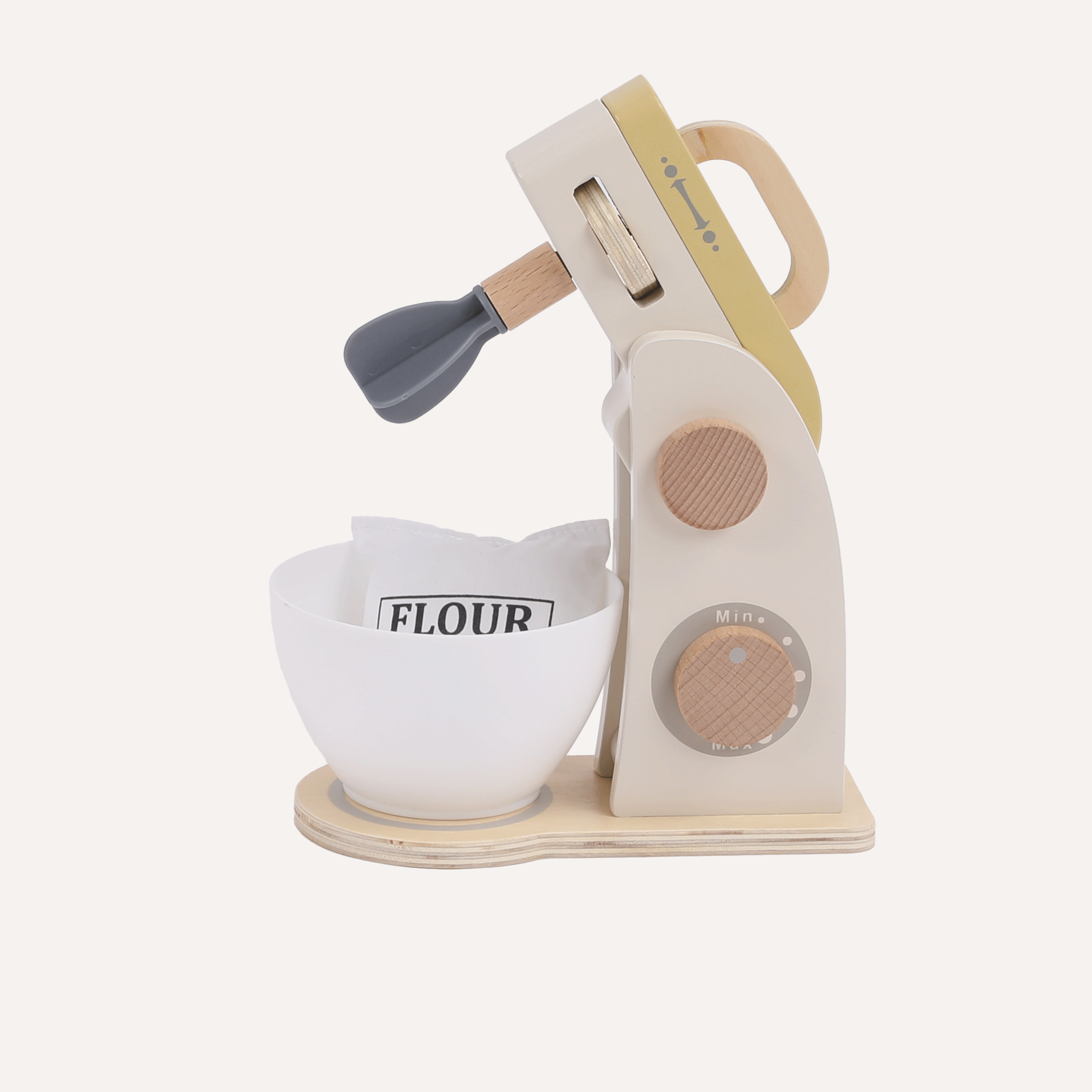 Wooden stand mixer side beater up detail