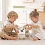 Wooden stand mixer two kids adding flour lifestyle