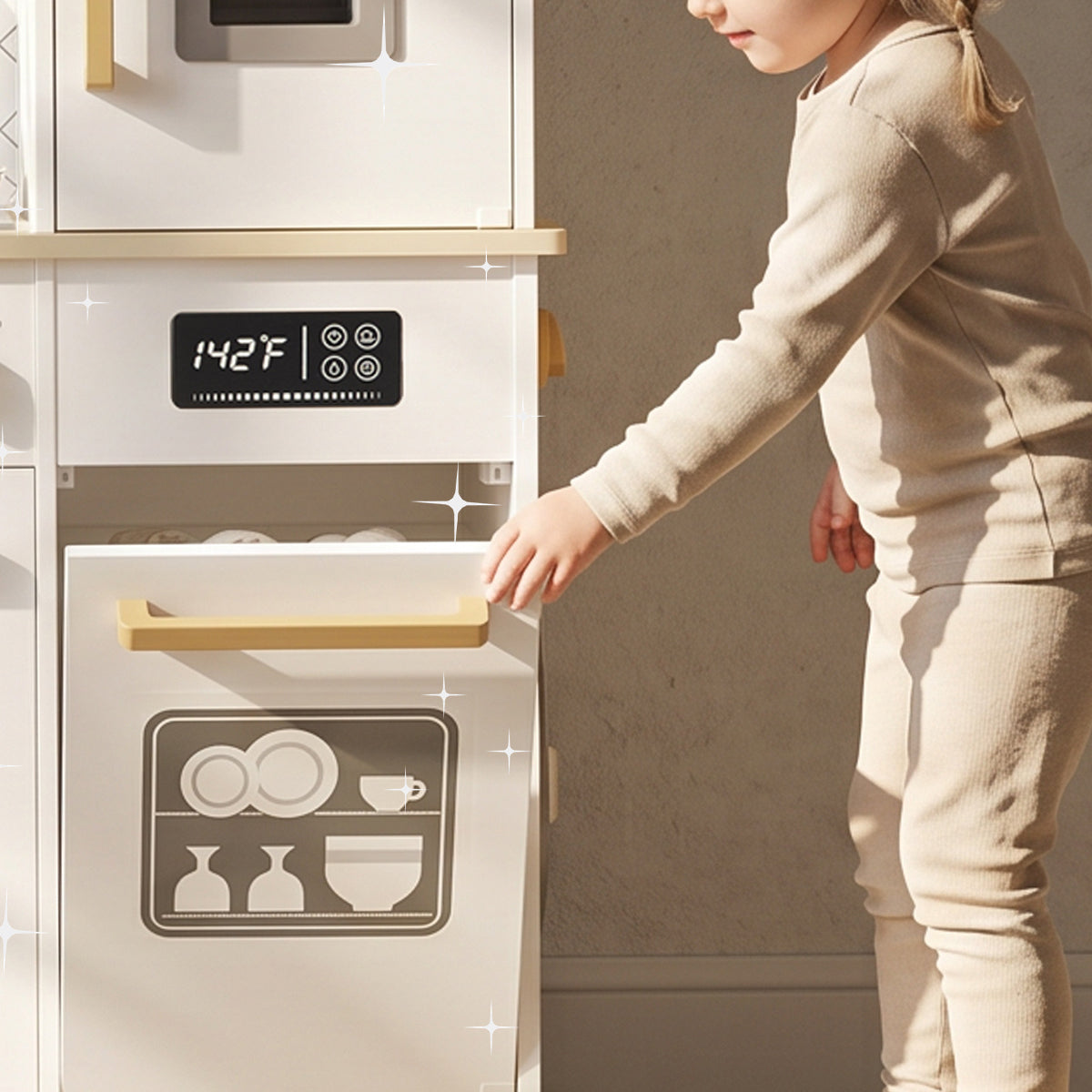 Child opening Freniland wooden toy oven with 142F digital display.