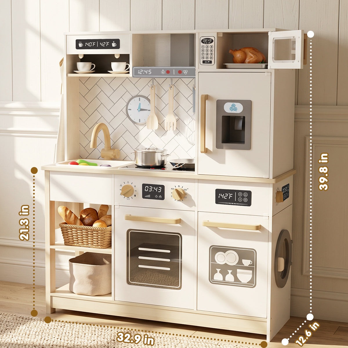 White wooden children's play kitchen with oven, microwave, sink, and storage.