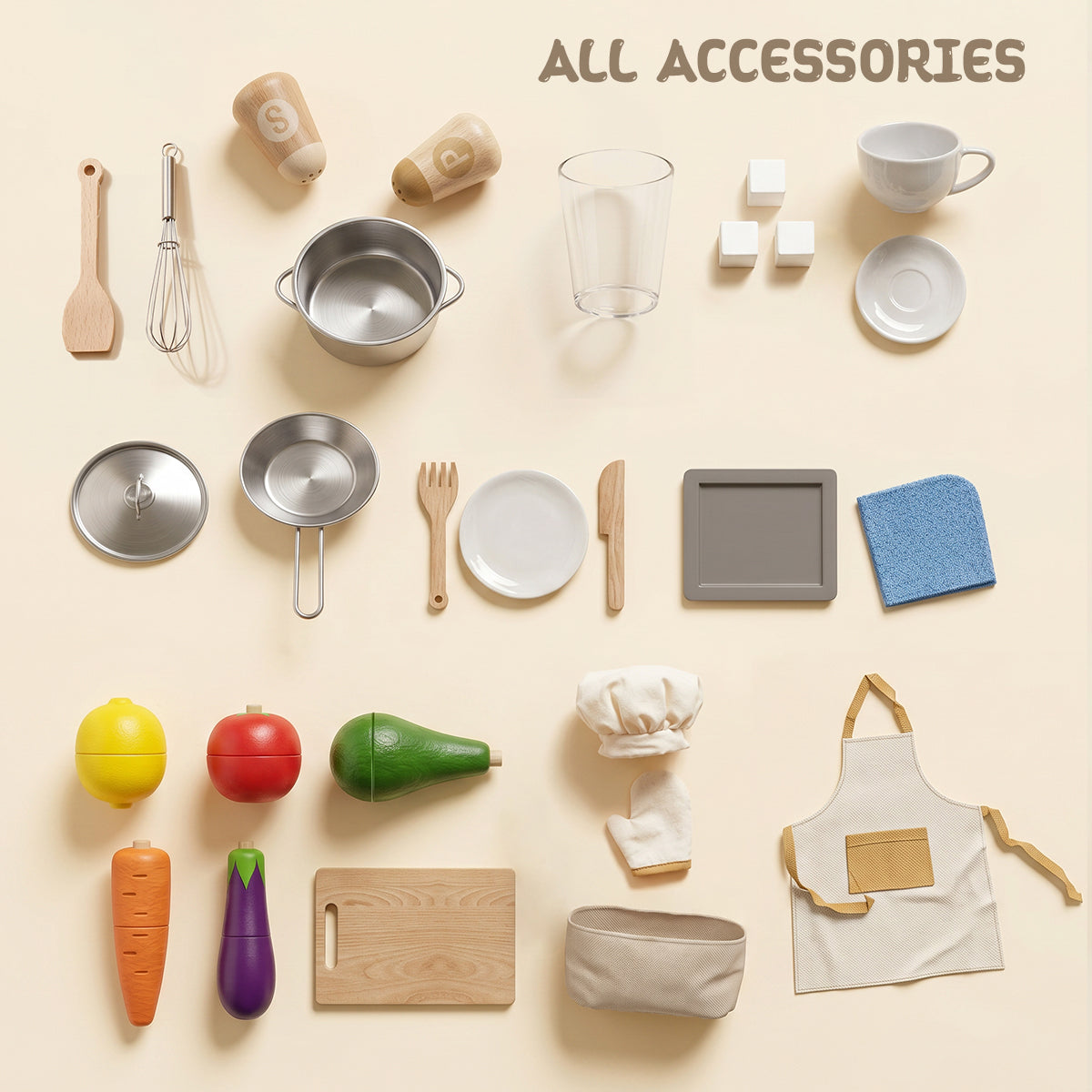 All accessories for wooden kitchen play set (utensils, pots, food toys, chef gear)